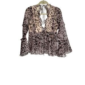 Olia Top Womens Size XS Tan Brown Blouse Leopard Print Ruffle Sheer V-Neck NWT
